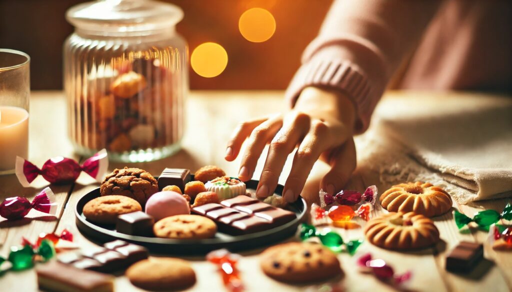 ストレスを感じて無意識にお菓子を食べてしまう女性