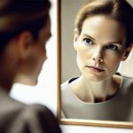 毛穴の開きを気にする女性が鏡を覗き込んでいる様子