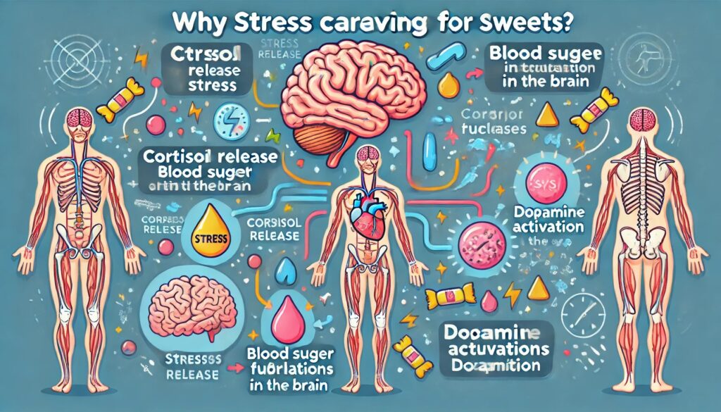 ストレスが腸と脳に影響を与え、甘いものを欲するメカニズムを示す図