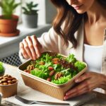 腸の働きをサポートする食事を楽しむビジネスパーソン。脳と腸を整えて仕事のパフォーマンスを向上させる食生活のイメージ