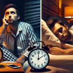 夜中に目が覚めて悩むビジネスパーソンと、快適な睡眠をとるビジネスパーソンの比較イラスト