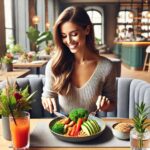 健康的な外食メニューを楽しむ女性と、栄養バランスの良い料理が並ぶレストランのテーブル