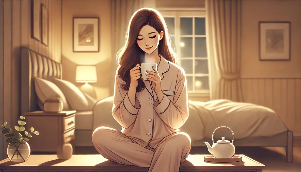 寝つきを良くするために、腸を温める習慣を取り入れている女性