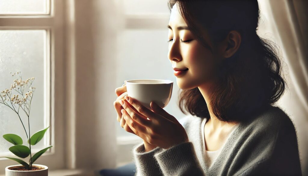 朝、白湯を飲む女性