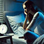 夜中に目が覚めて悩む女性がベッドの上で時計を見ている様子