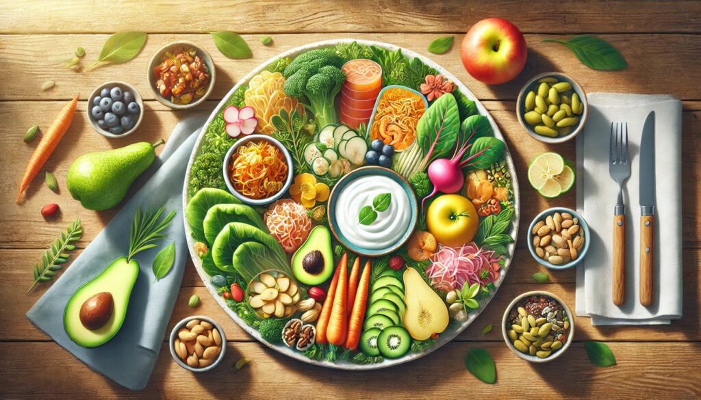 腸活に役立つ食材を取り入れた食事プレート。美肌を作る食習慣