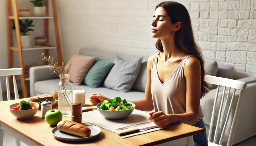 健康的な食事を楽しむビジネスパーソン。Heilunのメンタル腸活によって心身の健康を取り戻したイメージ