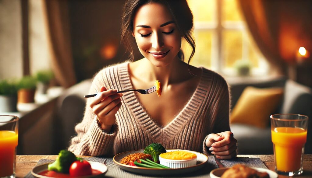 腸内環境を整えるために発酵食品を取り入れる女性の健康的な食事シーン