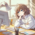 日中の眠気に悩む女性が机に突っ伏している様子。Heilunのメンタル腸活で眠気を改善し、美容や健康を目指す記事のイメージ