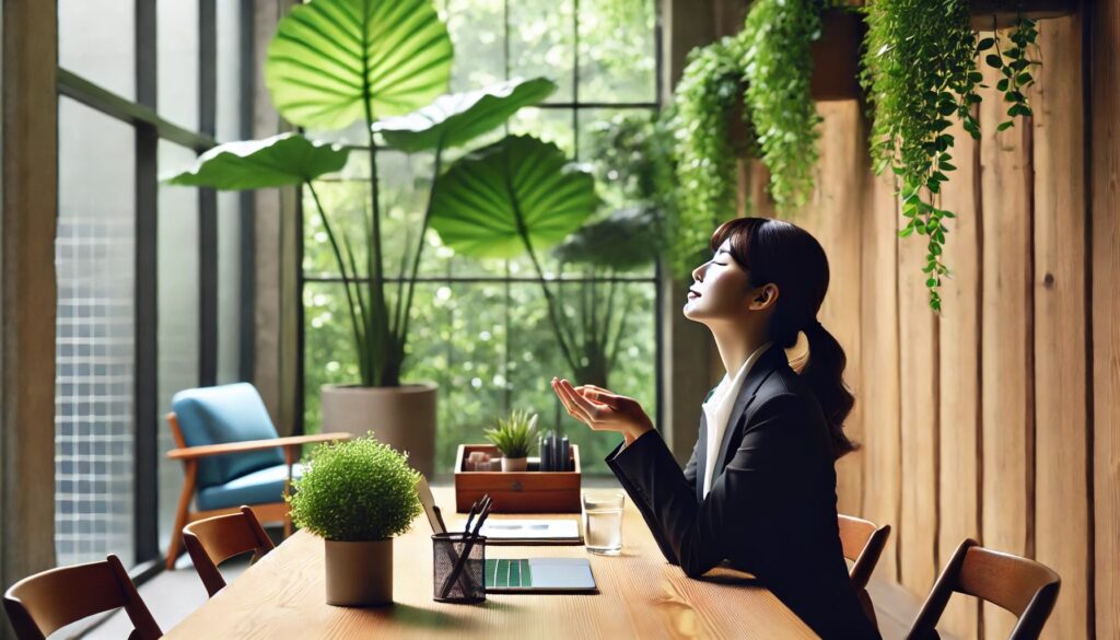 深呼吸しながらリフレッシュしている自営業者。脳と腸を整えてストレスに強くなる様子