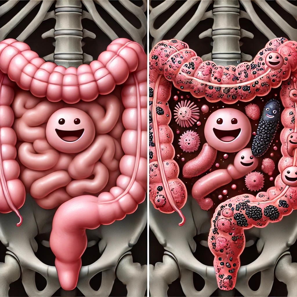 腸の健康状態が肌の乾燥に影響を与えることを示す図