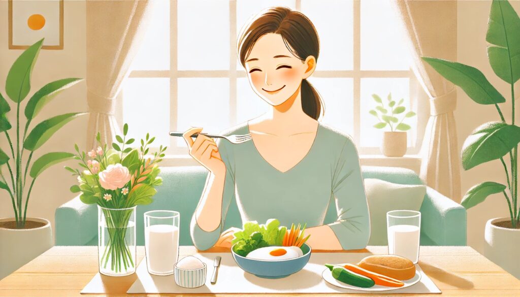 胃もたれが改善し、食事を楽しめるようになった人のイメージ