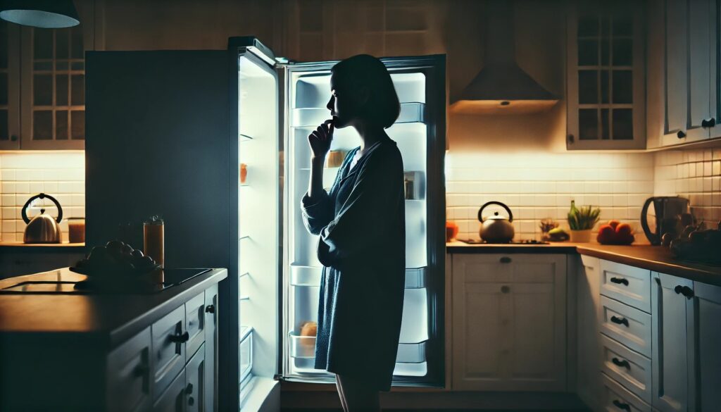夜食を我慢できずに悩む女性のイメージ
