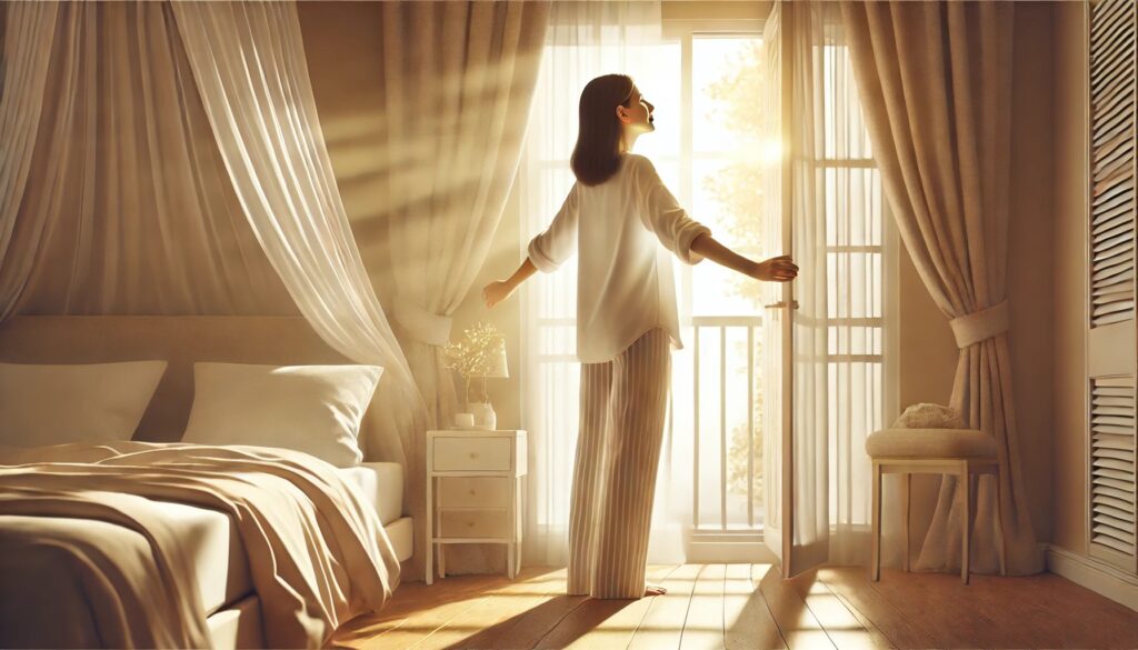 メンタル腸活で朝からスッキリ笑顔の女性