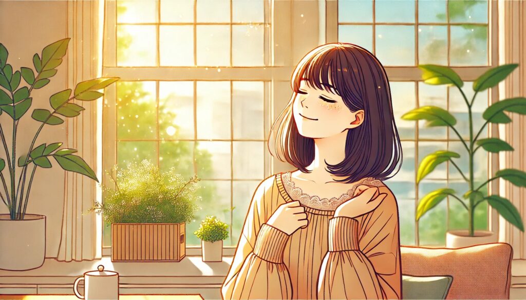 Heilunのメンタル腸活で眠気を改善し、内側から輝く健康的な肌を持つ女性のイメージ