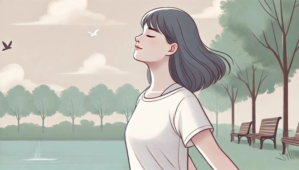 ストレスを軽減するために深呼吸やリラックスしている女性の様子