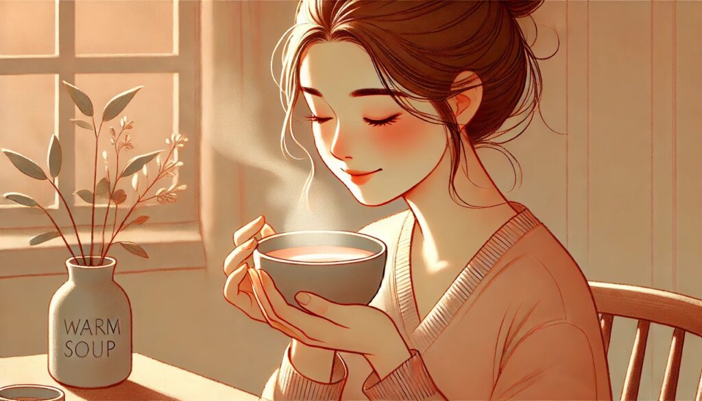 リラックスして夜食を楽しむ女性