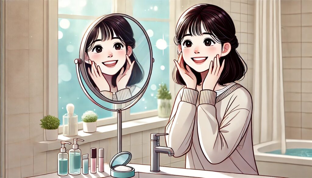 肌に自信を持つ女性が鏡の前で笑顔を浮かべている様子。Heilunのメンタル腸活でスキンケアを楽にしながら美肌を目指した結果を表現