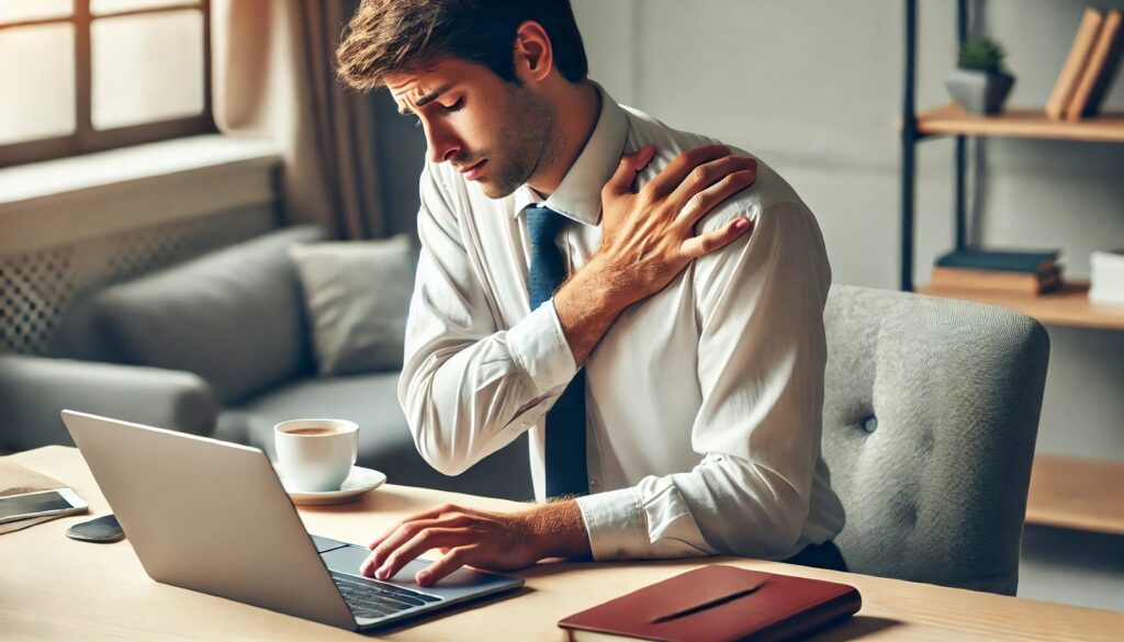 肩こりに悩みながら仕事に集中できないビジネスパーソンの様子
