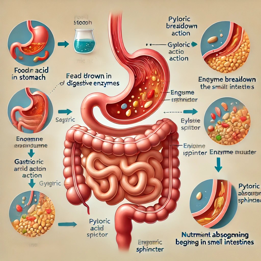 胃と腸の関係を示す消化の流れの図解