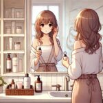 スキンケアに悩む女性が鏡の前で化粧品を手に取っている様子。Heilunのメンタル腸活で美肌を目指す提案を紹介するイメージ