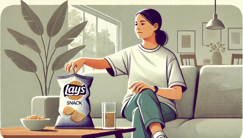 空腹でないのに食べてしまう人の無意識的な行動を描いたイラスト