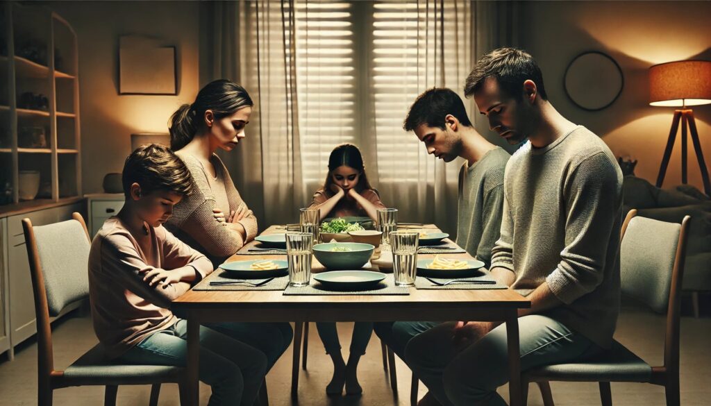 ストレスが原因で家族との会話が減ってしまった家庭の様子