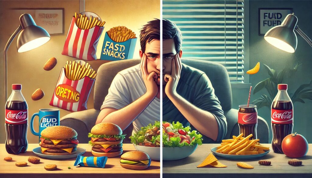 ストレスによる過食と拒食の対比を示すイメージ図