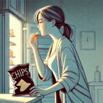 食欲を抑えられず夜中にお菓子を食べてしまう女性の様子