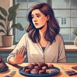 甘いものを我慢できずに迷っている女性の様子