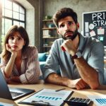 サービス価格に悩む自営業者がPCの前で考え込んでいる様子