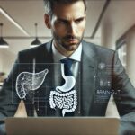 業績に悩む管理職が思考に疲れている様子と、脳と腸の関係性を暗示するイメージ