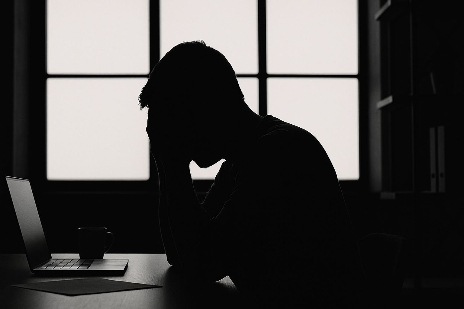 ビジネスプランの見直しに悩む自営業者が思考に行き詰まっている様子