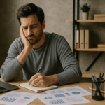 ビジネスプランの見直しに悩む自営業者が思考に行き詰まっている様子