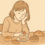 食べすぎて後悔している女性の様子
