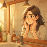 30〜40代女性が毎晩しっかり寝ているのに肌荒れに悩み、朝の鏡の前で違和感を感じている様子を伝える画像