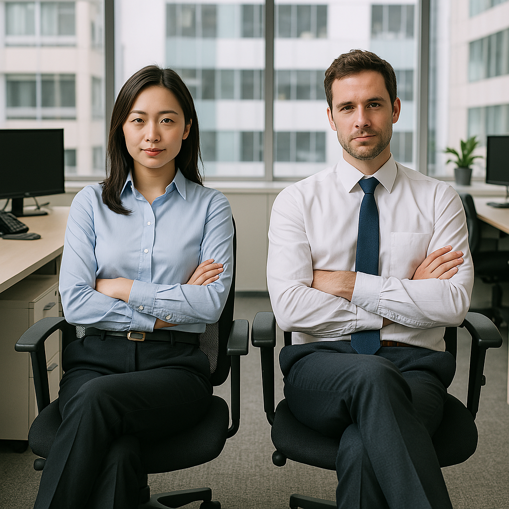 考えがまとまらず緊張姿勢をとっている自営業者の姿。身体のクセが脳の働きに影響している例を説明するための画像