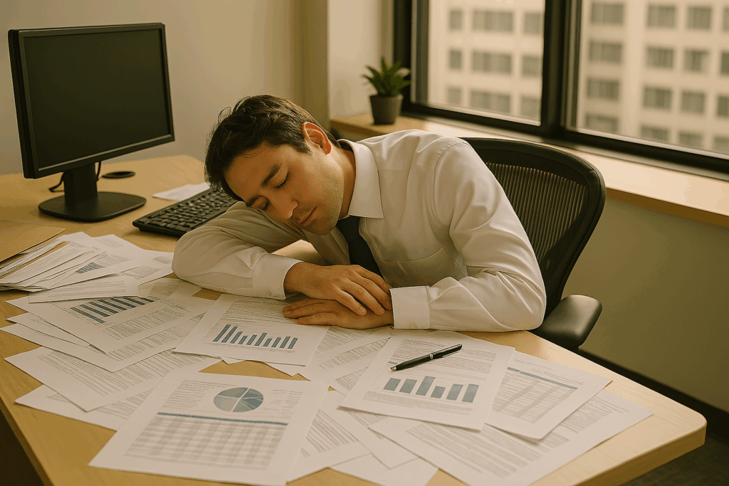 限界まで働き続けた自営業者が、仕事中に力尽きてしまった状況を示す画像