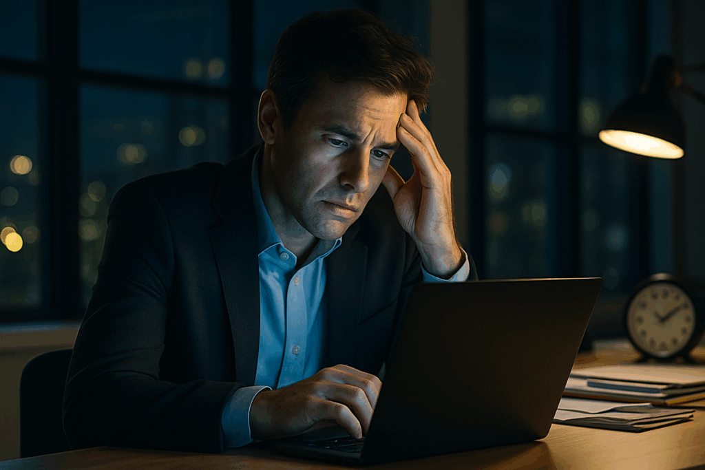 40代のビジネスパーソンがスキルアップできずに時間の使い方に悩んでいる姿を表現した写真