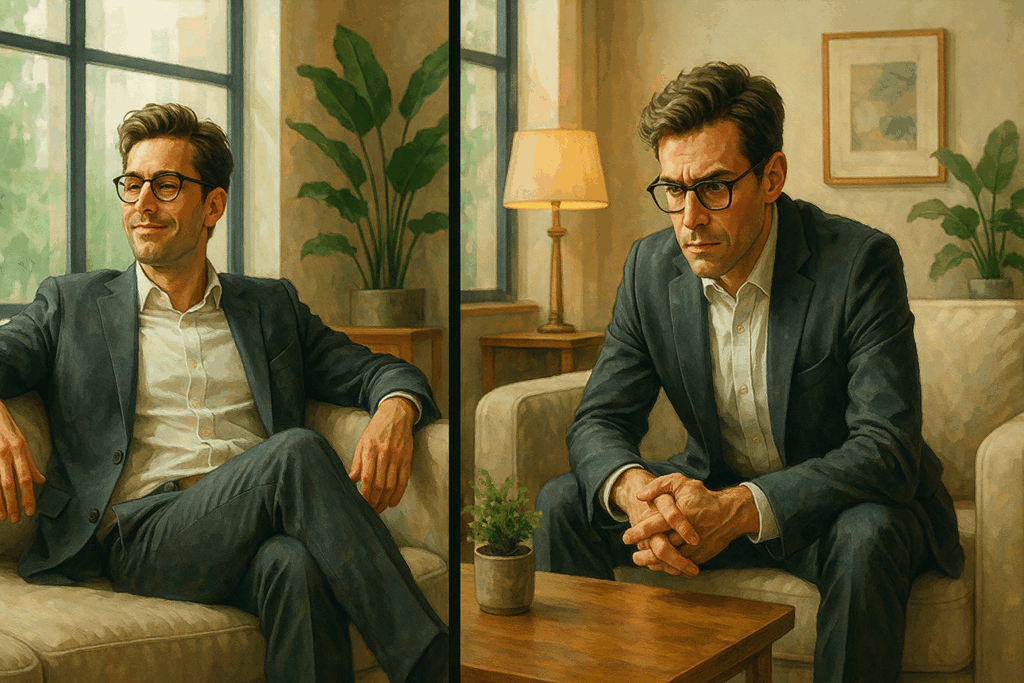 姿勢の違いによる集中力や呼吸の変化を示すビフォーアフター画像