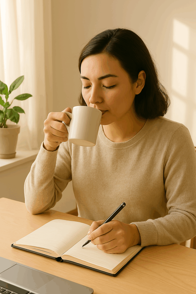 40代の働く男性が朝に頭と身体の状態を整えながらスケジュールを立てている様子