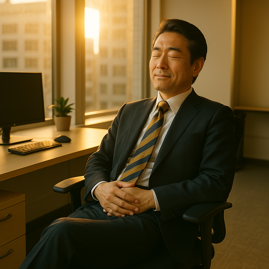 朝日を浴びながら椅子にゆっくり座り、手をお腹に添えているビジネスパーソン