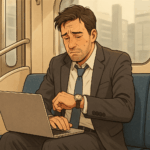 働き続ける自営業者が、時間がなく休めずに疲労を抱えている様子を伝える画像