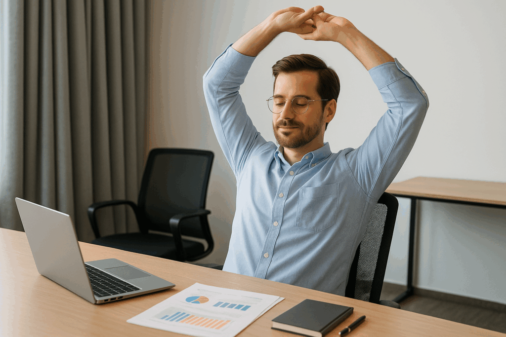 会議前にデスクで視線運動と首の等尺性運動を行い、発言スピードを高めるビジネスパーソン