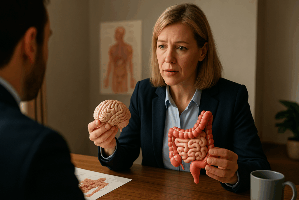 自営業者が脳・腸・身体の連携によるパフォーマンス向上方法を学んでいる場面