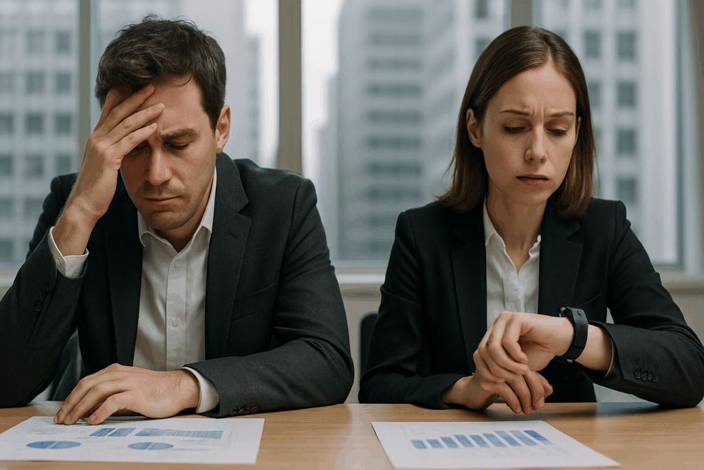 複数の業務に追われ、会議中に集中力低下と時間的プレッシャーを感じるビジネスパーソン