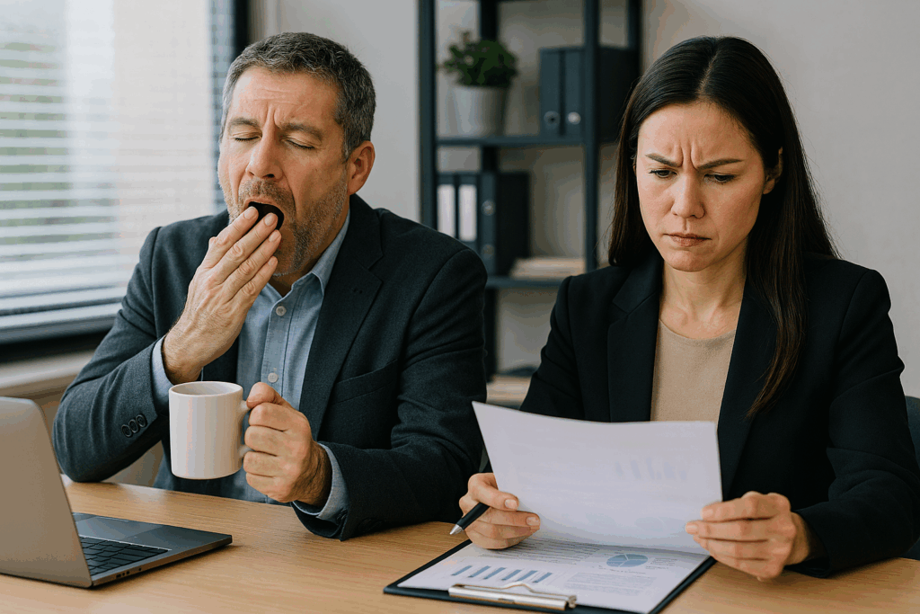 40代の会社員が疲れが翌日まで残り、朝の仕事開始時に集中できず悩んでいる様子