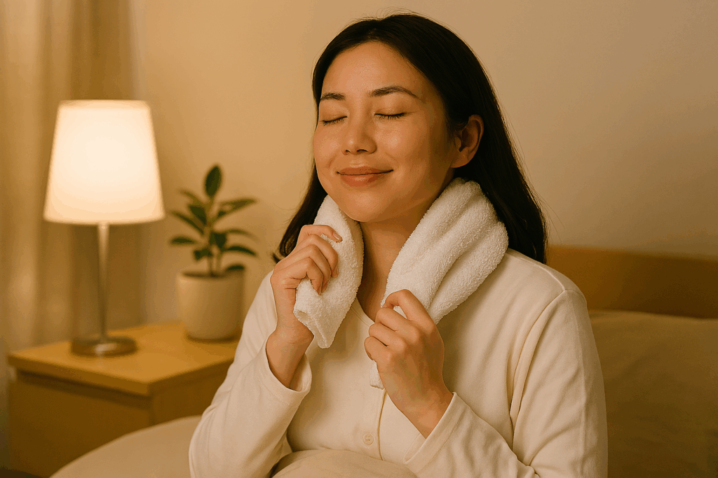 40代の女性が夜に温かいタオルを首に巻き、睡眠の質を高めて翌朝の疲れを残さないようにしている様子