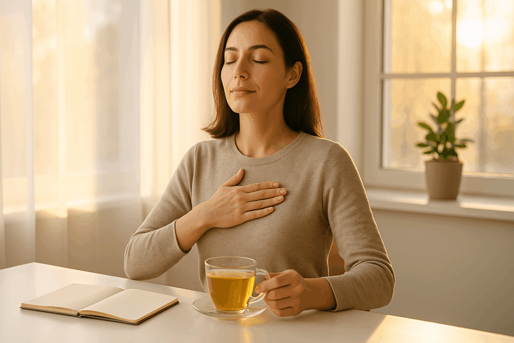 自営業者が朝の短時間で集中力を取り戻し、スケジュール崩れを防ぐための思考リカバリー習慣を実践している場面