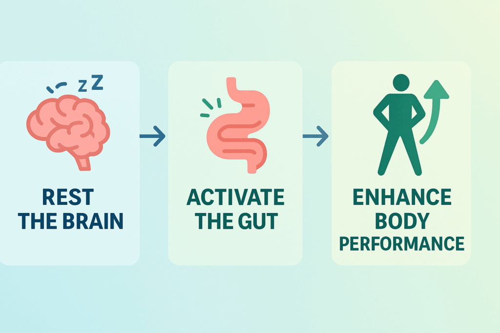 次世代型メンタル腸活Heilunの3ステップを示すインフォグラフィック。脳・腸・身体を同時に改善し、経営者の判断力と体力を回復させるプロセスを説明